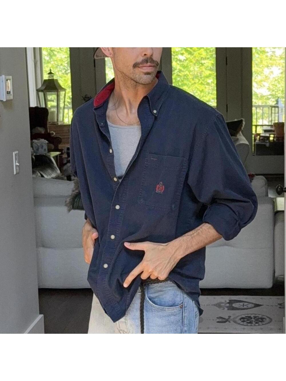 Vintage Bugle Boy Button Up Shirt Navy Red Collar Crest Logo Size L 90s